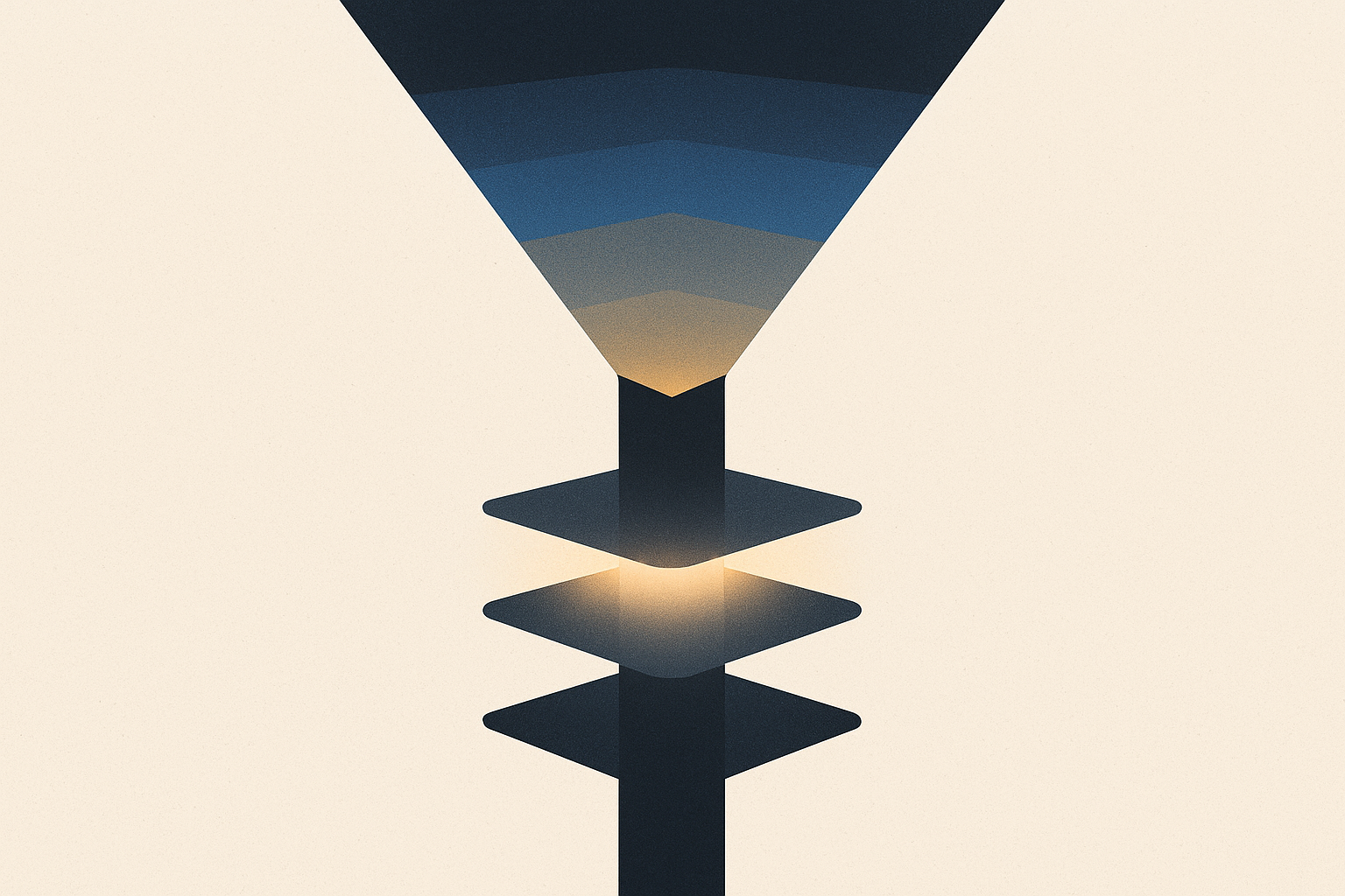 Abstract layered funnel showing signal flowing through structured stages, illustrating multi-step conversion architecture for journey-aware bidding