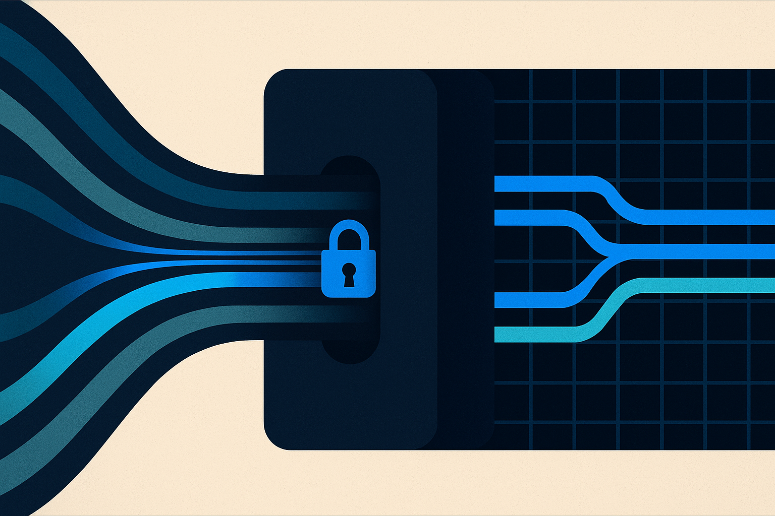 Abstract visualization of a secure data pipeline transforming raw customer records into hashed audience segments for compliant Google Ads activation